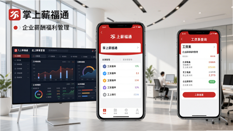 画面中央展示掌上薪福通APP界面,背景为现代化办公场景,左侧显示企业薪资管理仪表盘,右侧手机屏幕呈现工资条查询功能,整体色调以招商银行标志性的红色与白色为主,风格简洁明亮,突出“掌上薪福通”品牌标识及“企业薪酬福利管理”核心定位,符合Boogu模型生成要求。