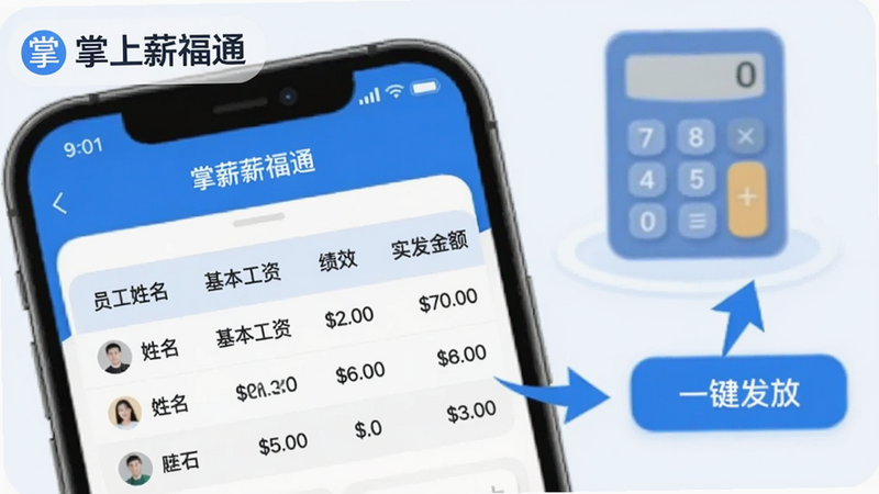 近景展示掌上薪福通APP内的薪资计算界面,表格中显示员工姓名、基本工资、绩效、实发金额等字段,背景有计算器图标和箭头指向“一键发放”按钮,画面左上角标注“掌上薪福通”Logo,整体色调蓝白相间,突出自动化与高效率,适合Boogu模型生成。