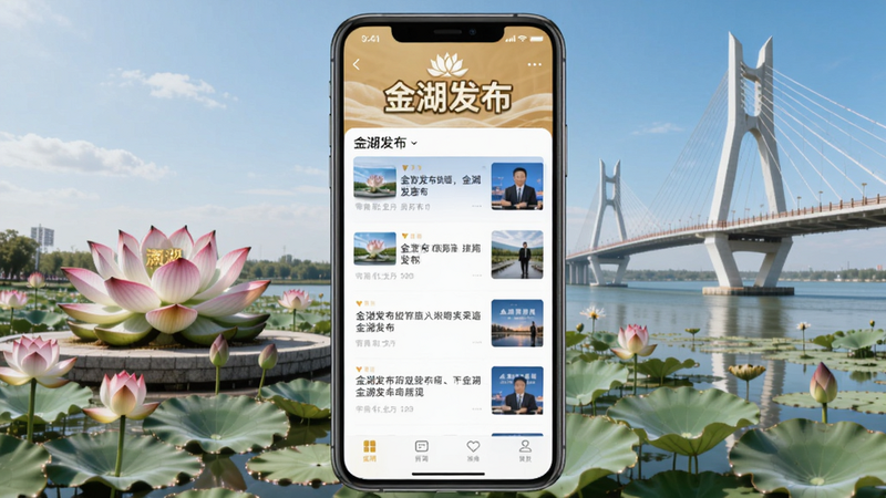 画面中心展示金湖发布App界面截图,背景为金湖县标志性建筑(如荷花广场、金湖大桥),整体色调清新明亮,突出“金湖发布”字样和新闻列表预览,适配Boogu模型生成,画风写实,细节清晰。