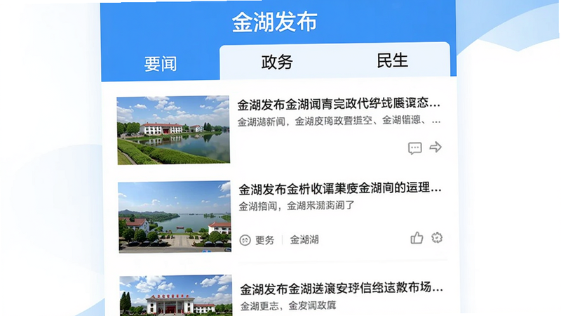 展示金湖发布App的新闻列表页面,顶部导航栏包含“要闻”“政务”“民生”等标签,一条条新闻标题清晰排列,配图为金湖本地实景照片,整体界面简洁明快,突出信息阅读体验,画面中显示金湖发布字样。