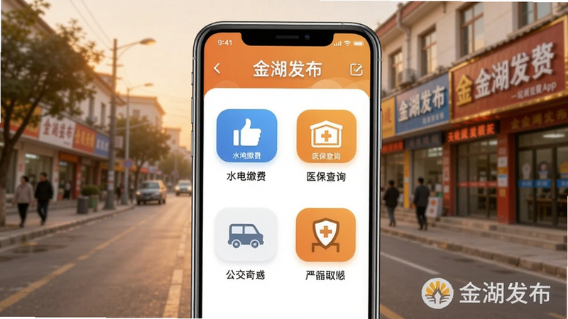 手机屏幕上展示金湖发布App的便民服务专区,包含水电缴费、医保查询、公交路线等图标按钮,背景为金湖县街道的模糊实景,整体风格温馨实用,强调一站式服务的便捷性,画面右下角有金湖发布水印。