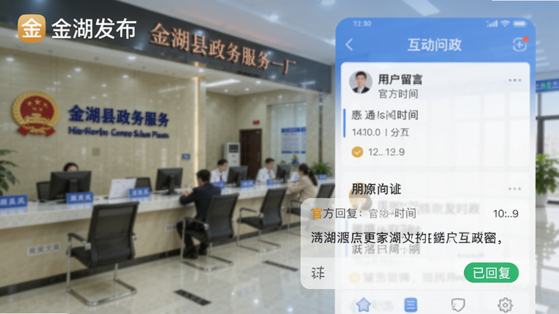 展示金湖发布App的互动问政界面,一条用户留言下方显示官方回复时间与内容,界面带有“已回复”绿色标签,背景为金湖县政务服务大厅的模糊影像,整体色调给人以信任感,突出政民互动主题,画面中可见金湖发布Logo。