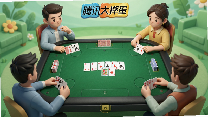一幅展示大掼蛋游戏主界面的截图,画面中央是经典掼蛋牌桌,四名玩家正进行对战,上方显示腾讯大掼蛋logo,背景为淡绿色休闲风格,整体明亮清新,突出棋牌竞技氛围。