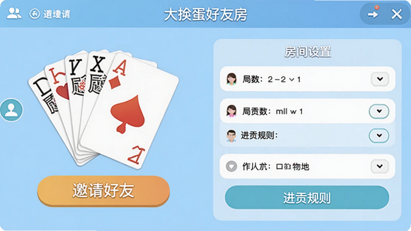 展示大掼蛋好友房创建界面的截图,左侧有邀请好友按钮,右侧显示房间设置选项如局数、进贡规则,背景为淡蓝色,整体体现社交化组局便捷性。