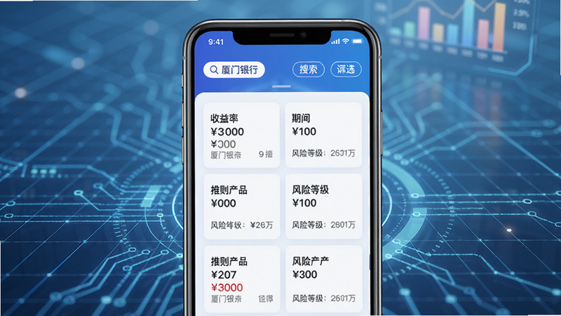 厦门银行手机银行理财超市界面,展示各类理财产品列表,收益率、期限、风险等级卡片式排列,顶部有搜索和筛选功能,背景为科技感网格线条
