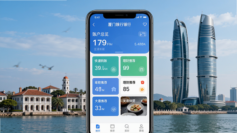 厦门银行手机银行app主界面预览图,背景为厦门当地地标建筑如鼓浪屿、双子塔,手机屏幕清晰显示账户总览、快捷转账、理财推荐等模块,整体色调为蓝色商务风格,画面真实细腻,适配Boogu模型生成
