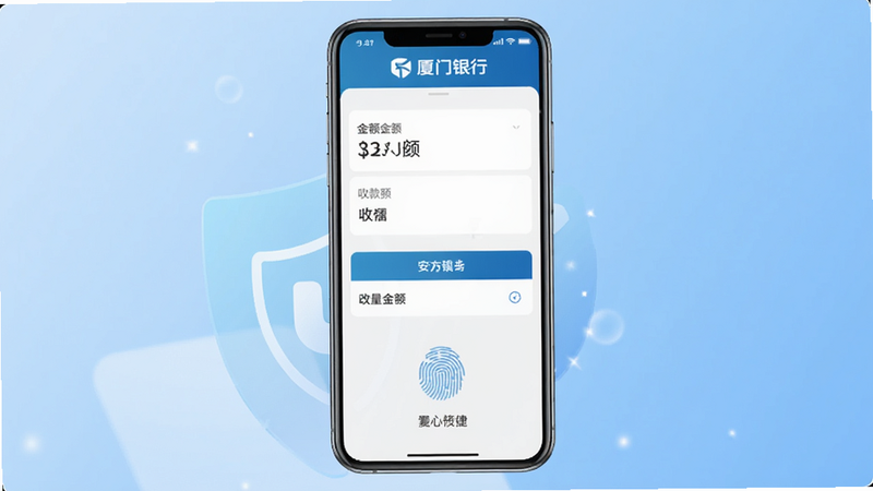 厦门银行手机银行转账功能演示图,手机屏幕显示转账界面,输入金额与收款人,下方有指纹验证提示,背景为柔和渐变蓝,突出安全与便捷