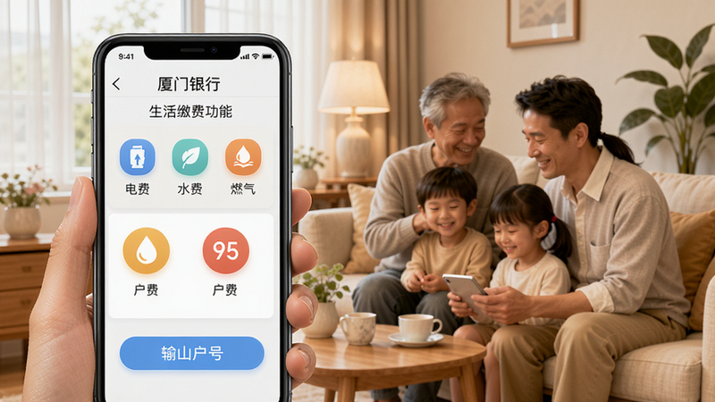 厦门银行手机银行生活缴费功能界面,显示电费、水费、燃气费等图标,点击后输入户号即可支付,背景为温馨家庭生活场景,体现便捷贴心