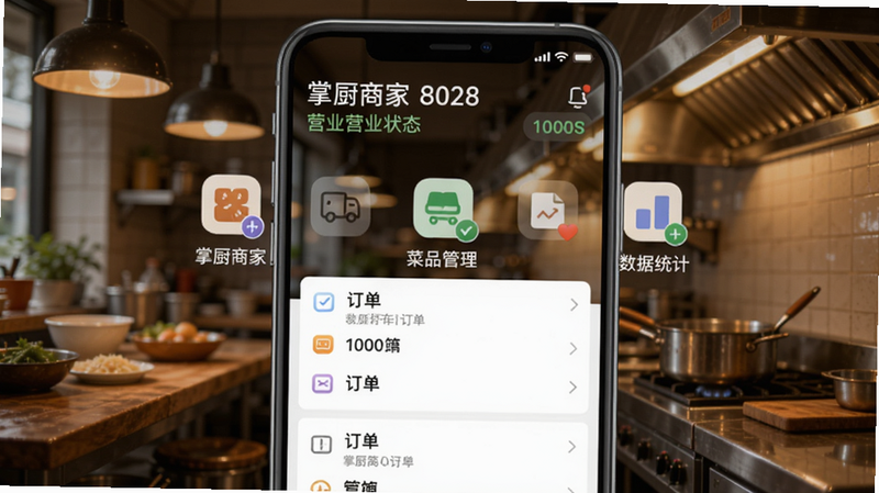 掌厨商家主界面截图,顶部显示店铺名称和营业状态,中部为订单列表、菜品管理、数据统计三大图标,背景为餐厅厨房实景,暖色调灯光,手机屏幕占据画面中央,清晰展示应用图标'掌厨商家',细节丰富,适配Boogu模型生成