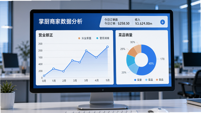 掌厨商家数据分析页面,左侧为营业额折线图,右侧为菜品销量饼图,顶部显示今日订单数和收入,背景为办公室环境,电脑屏幕上显示相同数据,科技感强,色调蓝白
