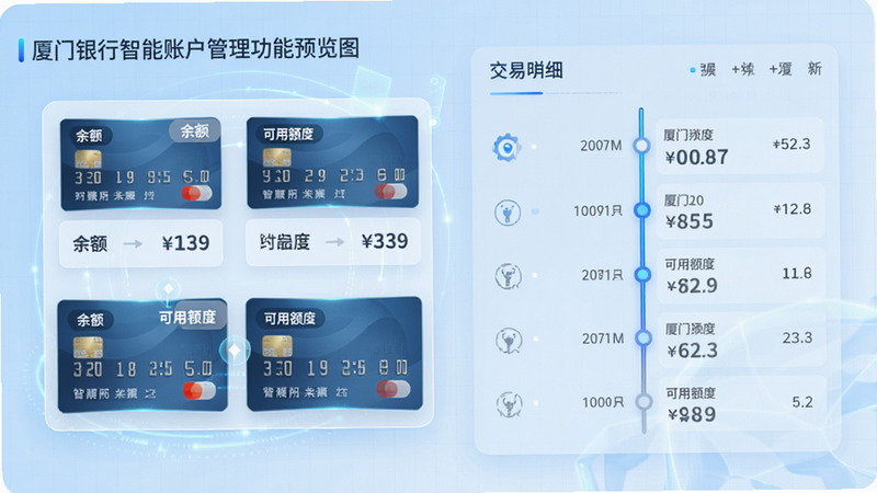 厦门银行智能账户管理功能预览图,画面左侧为银行卡列表卡片样式,右侧显示交易明细时间轴,背景淡蓝色网格,卡片上有“余额”“可用额度”标签,整体科技感与银行稳重风格结合。
