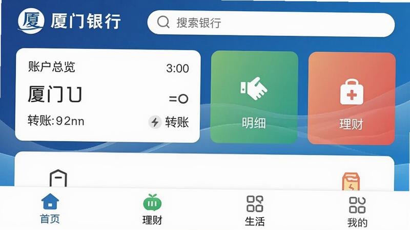 厦门银行手机银行APP主界面截图,展示首页功能布局,顶部显示“厦门银行”logo及搜索栏,中部展示账户总览、转账、明细、理财等核心入口,底部导航栏为首页、理财、生活、我的四个标签,背景采用厦门银行标准蓝色渐变,整体风格简约商务,适配Boogu模型生成。