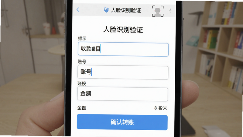 厦门银行转账汇款操作界面模拟图,显示输入收款人姓名、账号、金额的页面,底部有“确认转账”按钮,顶部显示安全提示“人脸识别验证”,背景为柔和白色,突出输入框和按钮。