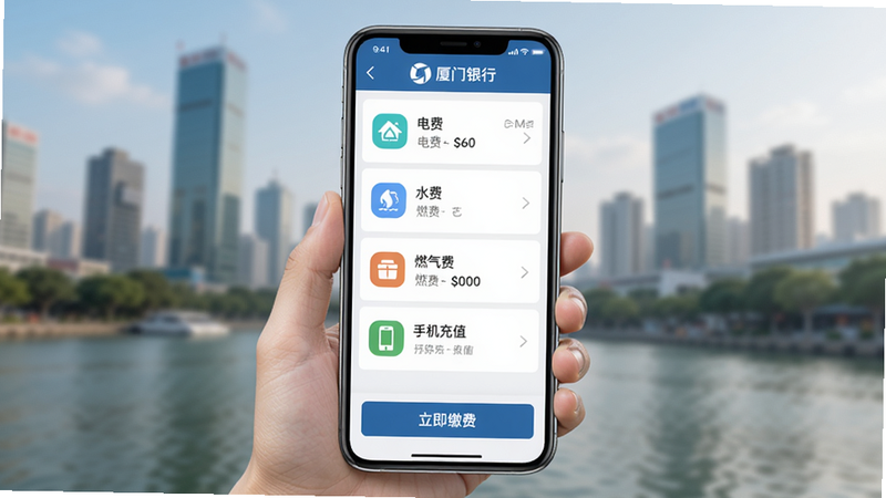 厦门银行生活缴费功能场景图,手机屏幕展示缴费列表:电费、水费、燃气费、手机充值,每个项目带图标,底部显示“立即缴费”按钮,背景为户外城市景色模糊虚化,突出手机界面。