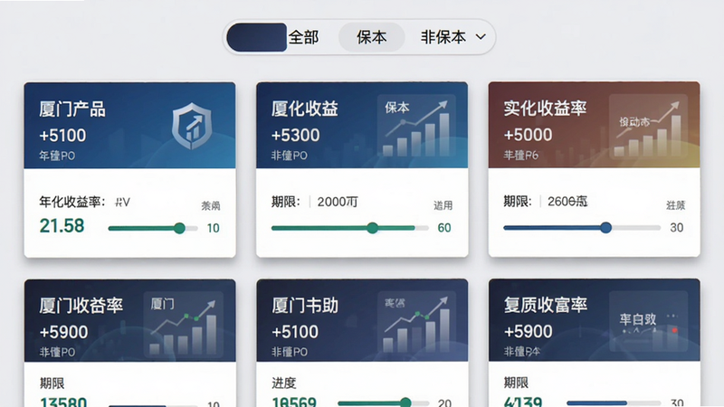 厦门银行财富管理界面预览,展示理财产品列表,每个产品卡片包含名称、年化收益率、期限、进度条,顶部筛选条件“全部”“保本”“非保本”,背景浅灰色,卡片带阴影,风格专业清晰。