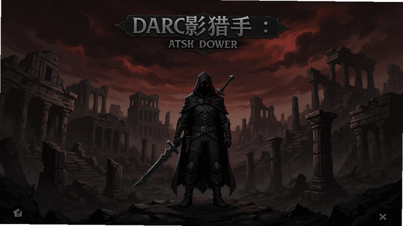 暗影猎手:失落的世界 游戏主界面预览,画面中央站立一名身穿黑色斗篷的暗影猎手角色,背后是古老的失落城市废墟,天空布满暗红色云层,整体氛围神秘而压抑,适配Boogu模型生成