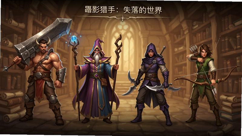 暗影猎手:失落的世界 职业选择界面,四个职业角色并排展示,战士持巨剑,法师持法杖,刺客持双刃,弓箭手持长弓,背景是古老图书馆,色调温暖柔和