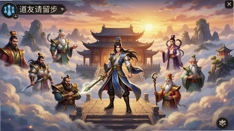 道友请留步游戏主界面,前景是仙气缭绕的云端宫殿,中央站立主角,周围环绕各种神仙立绘,背景是壮丽山河与夕阳余晖,色彩饱和,细节精致,适合Boogu模型生成。