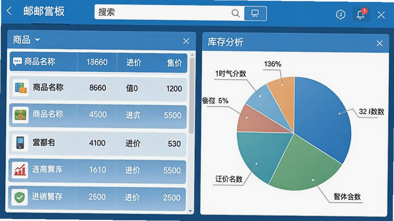 邮掌柜进销存界面截图,左侧商品列表,右侧库存分析饼图,顶部搜索栏,整体界面采用蓝色主色调,清晰展示商品名称、库存数量、进价售价等信息。