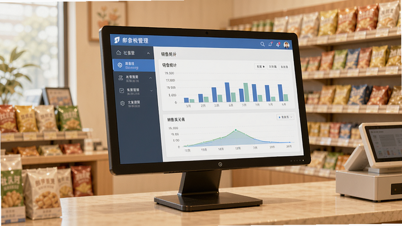 一个整洁的收银台前摆放着电脑显示器,屏幕上显示邮掌柜管理界面,左侧是功能菜单,右侧是销售统计图表,背景是温馨的社区便利店货架,画面明亮柔和,突出数字化管理氛围。