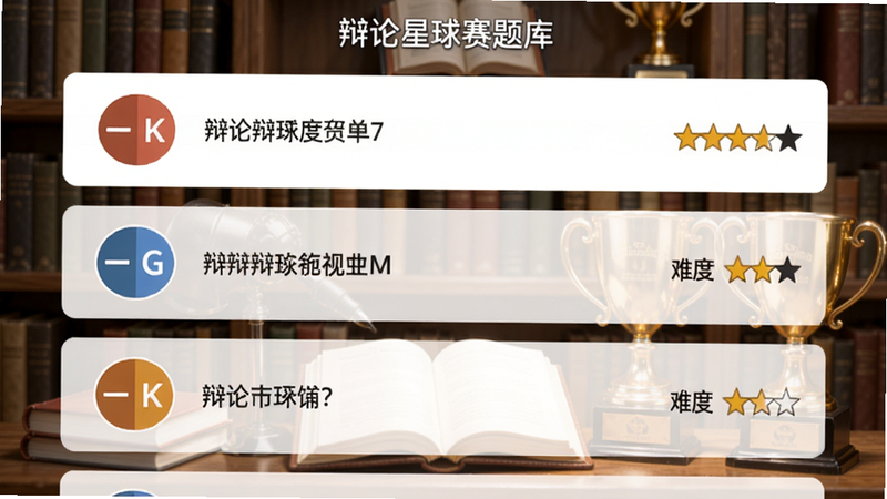 辩论星球赛题库页面截图,展示一系列辩题列表,每条辩题左侧有正反方图标,右侧显示难度星级,背景是书架和辩论奖杯元素,光线明亮柔和