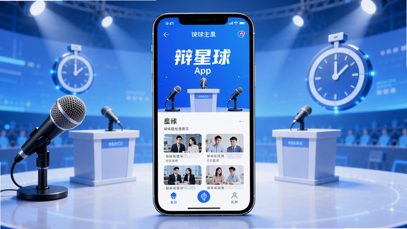 辩论星球主界面展示,画面中央是一款手机屏幕,屏幕上显示辩论星球app的首页,背景是虚拟辩论赛场,有麦克风、计时器元素,整体色调蓝白渐变,风格科技感