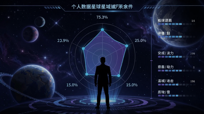 辩论星球个人数据面板,显示雷达图与各项评分,背景是星空与行星,人物剪影站在雷达图中央,科技蓝紫色调