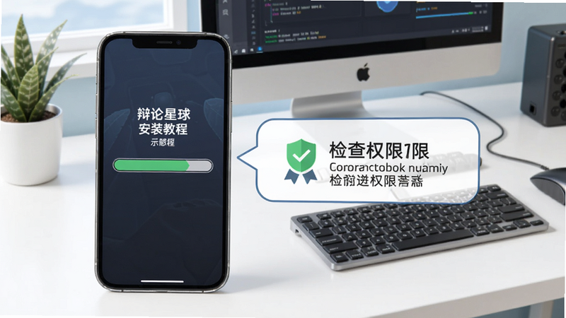 辩论星球安装教程示意图,显示手机屏幕上出现安装进度条,旁边有检查权限的提示气泡,背景是整洁的电脑桌面,风格清新