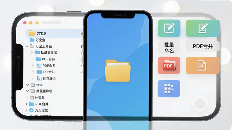 万宝盒文件工具箱操作界面截图,左侧显示文件夹列表,右侧有‘批量重命名’‘PDF合并’等按钮,手机屏幕居中,背景柔光白,图标为扁平风格,色调清新。