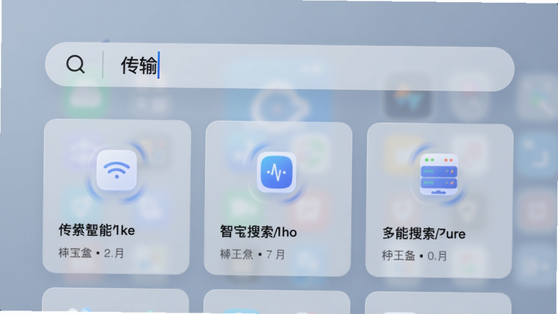 万宝盒智能搜索界面,顶部搜索框输入‘传输’,下方显示相关结果卡片,背景为毛玻璃效果,图标带有微动效,整体风格轻量化。