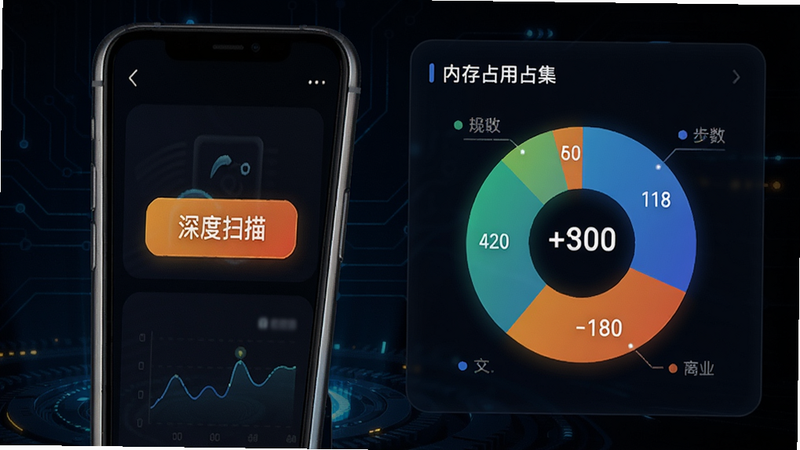 万宝盒清理优化功能展示图,界面包含‘深度扫描’按钮和内存占用饼图,背景深色科技风,高亮显示清理数据量,手机模型侧立。