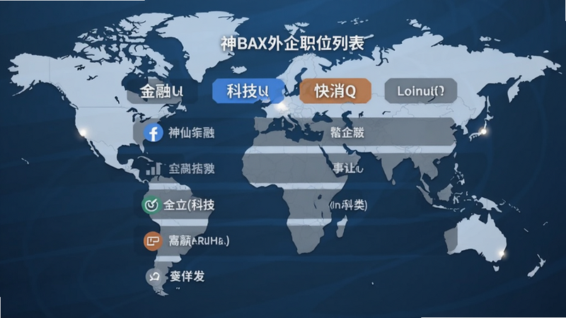神仙外企 职位列表界面,显示金融、科技、快消等分类标签,背景有世界地图元素,突出全球外企资源