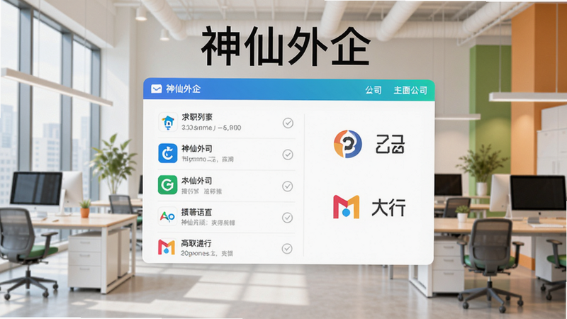 神仙外企 主界面预览,展示求职列表和公司logo,背景为现代办公场景,色彩明亮,简洁风格,突出软件名称