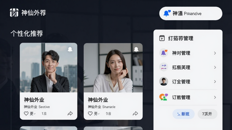 神仙外企 个性化推荐界面,展示推荐卡片和订阅管理,背景有推送通知图标