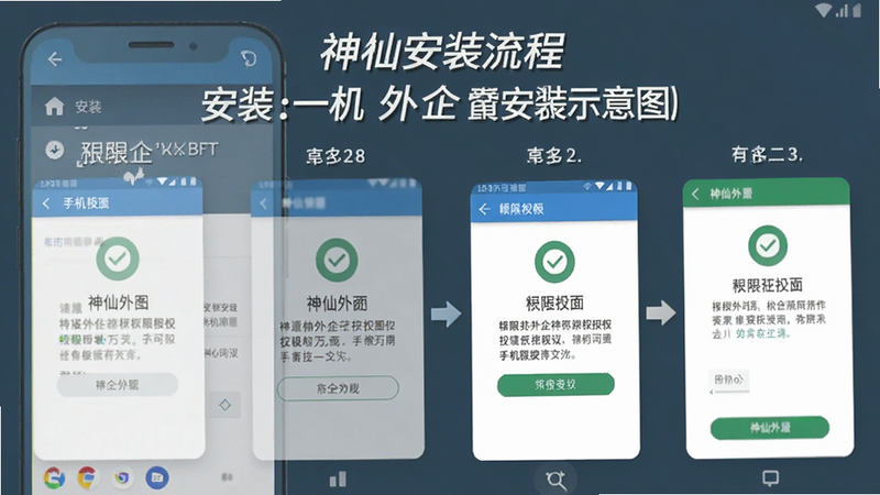 神仙外企 手机安装流程示意图,展示安装步骤和权限授权界面,背景为安卓手机操作界面