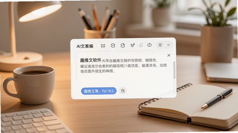 趣推文软件主界面,中央显示AI文案编辑框,背景为温馨的办公桌,有咖啡和笔记本,整体风格简约现代,主体居中,背景虚化,画面比例为16:9,色彩柔和