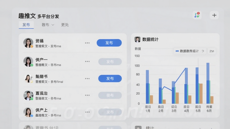 趣推文多平台分发界面,显示多个平台账号列表,有发布按钮和数据统计图表,背景为浅灰色商务风格,主体清晰