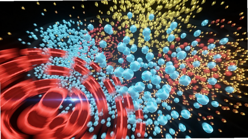 炫彩粒子3D实时渲染效果演示,画面中多个粒子层次重叠,前景红色粒子快速旋转,中景蓝色粒子缓慢飘散,背景金色粒子闪烁,整体呈现3D纵深效果,辉光特效明显,适配Boogu模型生成的动态场景图