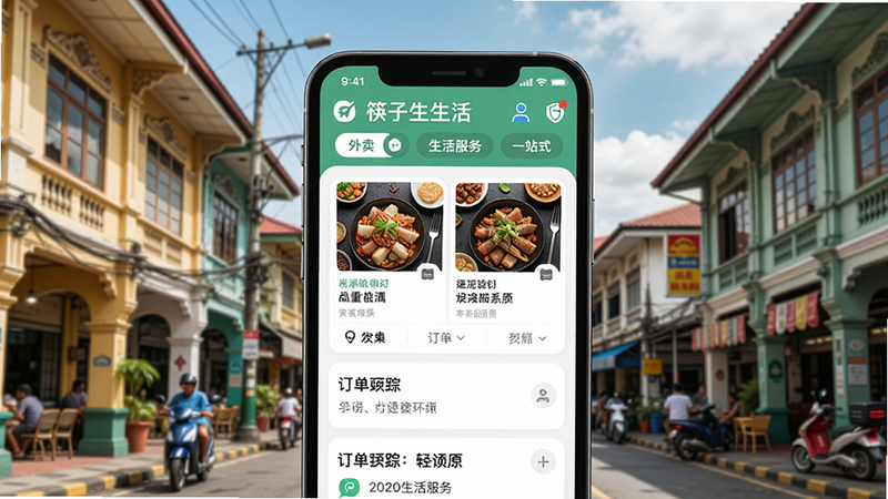 筷子生活是一款整合外卖、生活服务的一站式应用,画面以智能手机屏幕为主体,背景为菲律宾城市街景,显示筷子生活App界面,有美食列表、配送员图标、订单跟踪等元素,风格清新明亮,适配Boogu模型生成。