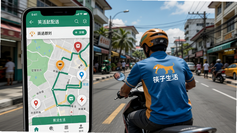 筷子生活配送跟踪界面,手机屏幕显示地图上骑手移动轨迹,周围有餐厅和用户位置标记,背景为菲律宾城市道路,天气晴朗,骑手穿着印有筷子生活logo的服装,画面动态感强。