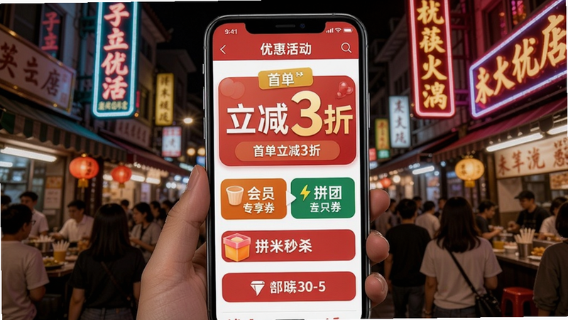 筷子生活优惠活动页面,手机屏幕展示首单立减3折、会员专享券、拼团秒杀等促销信息,背景是热闹的华人社区餐饮街,有霓虹灯招牌和人群,色彩鲜艳突出优惠氛围。
