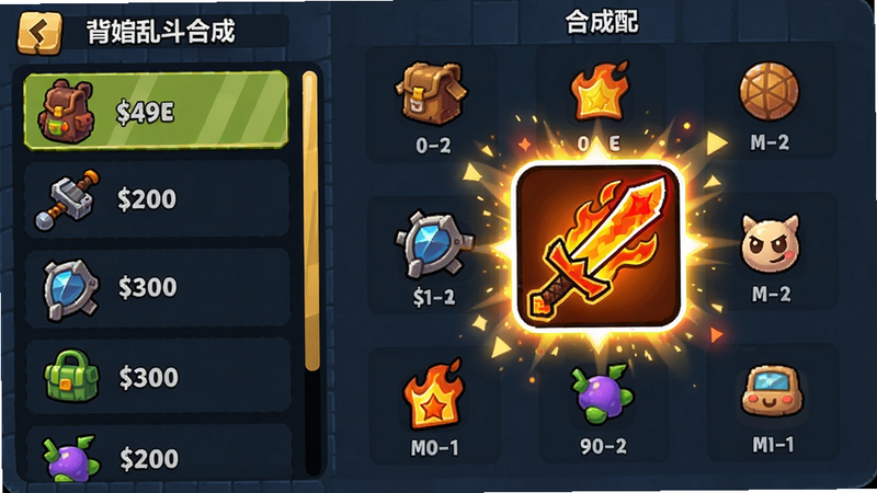 背包乱斗合成界面,左侧列出物品列表,右侧显示合成配方,火焰剑图标高亮,周围有粒子特效,画风卡通,色彩鲜艳