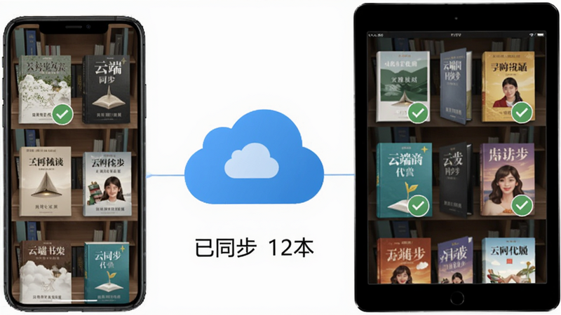 阅读亭云端同步示意图,左侧为手机书架,右侧为平板书架,中间云朵图标连接两端,书籍封面带有同步标记,下方显示“已同步 12本”字样