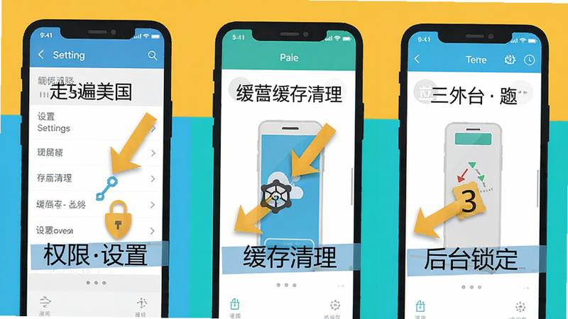 走遍美国App使用教程图解,画面展示手机屏幕上分别标注了权限设置、缓存清理、后台锁定三个步骤的箭头指示,背景为手机系统设置界面,风格为扁平化教程图,色彩明亮。