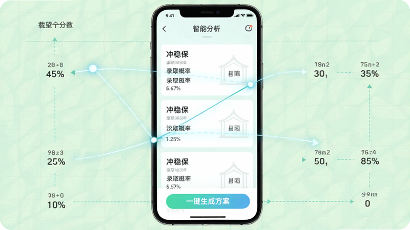 载望志愿智能填报功能截图,手机屏幕展示“冲稳保”院校列表,每个学校卡片上标注录取概率百分比,底部有“一键生成方案”按钮,背景为淡绿色网格,动画线条连接分数与院校,体现数据分析和智能匹配过程。