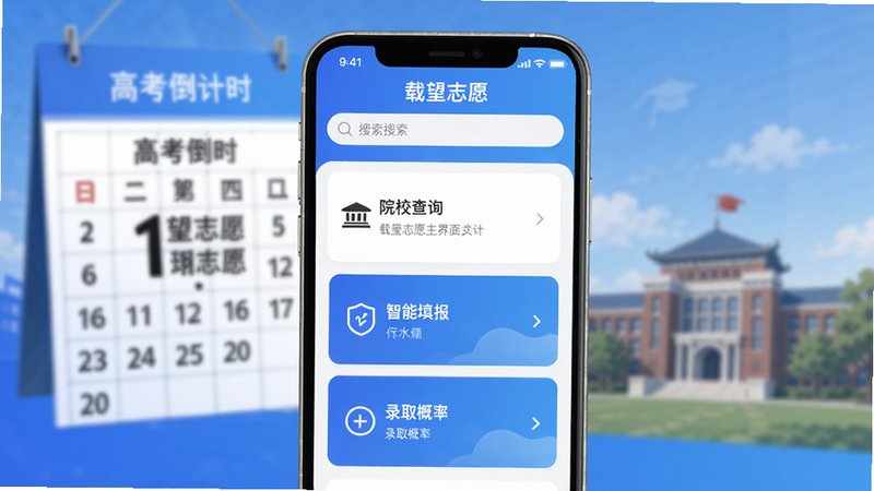 载望志愿主界面预览图,画面中心是一部手机屏幕,显示载望志愿APP首页,上方有搜索栏,下方有院校查询、智能填报、录取概率三个功能卡片,背景模糊处理为高考倒计时日历和大学校园剪影,整体色调为蓝色渐变,文字清晰,布局简洁,突出APP核心功能。