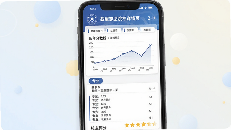 载望志愿院校详情页,手机界面显示某大学信息,包含学校全景照片、历年分数线折线图、专业列表、校友评分星星,背景柔和浅色,整体排版清晰,突出数据可视化与丰富信息量。