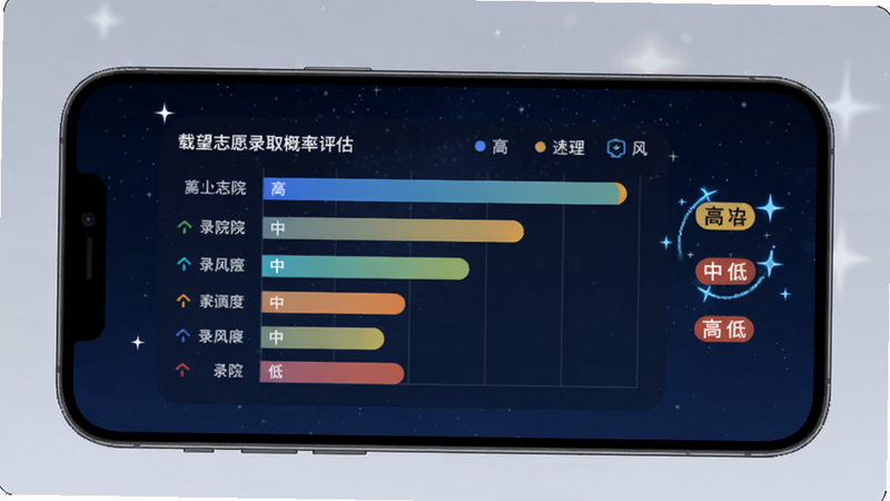 载望志愿录取概率评估界面,手机屏幕显示一条柱状图对比多个院校的录取概率,旁边有“高、中、低”风险标签,背景为深蓝色星空,突出数据严谨性,图标带有动态闪烁效果。