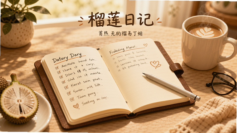 榴莲日记主界面,暖色调背景,中央一个打开的笔记本,旁边有手写笔和咖啡杯,画面柔和温馨,细节丰富,突出日记记录场景。