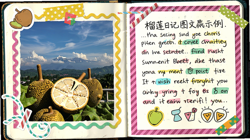 榴莲日记图文混排示例,左侧是一张风景照片,右侧是手写文字和涂鸦,画面色彩鲜艳,有贴纸和边框装饰,展现个性化日记风格。